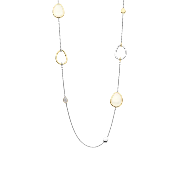 Langes silbernes Collier mit goldgefassten weißen Steinen