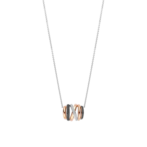 Collier argenté avec pendentif bicolore serti de pierres