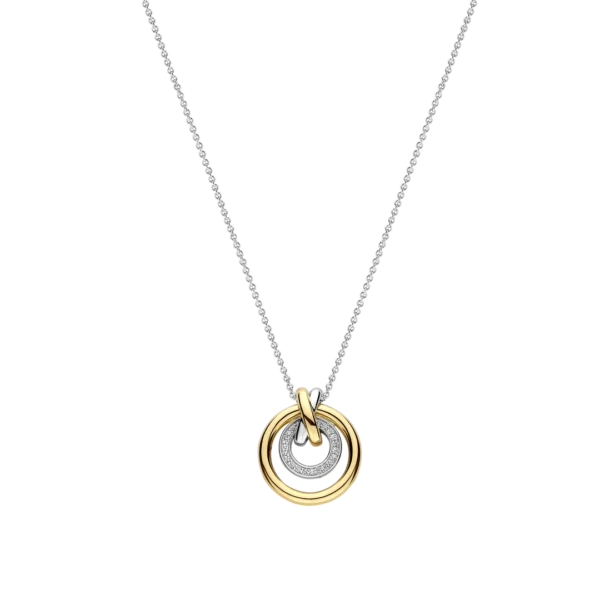 Collier bicolore avec pendentif cercles entrelacés sertis