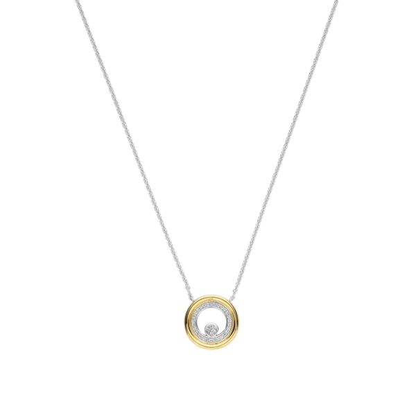 Collier argenté à pendentif circulaire bicolore serti de diamants