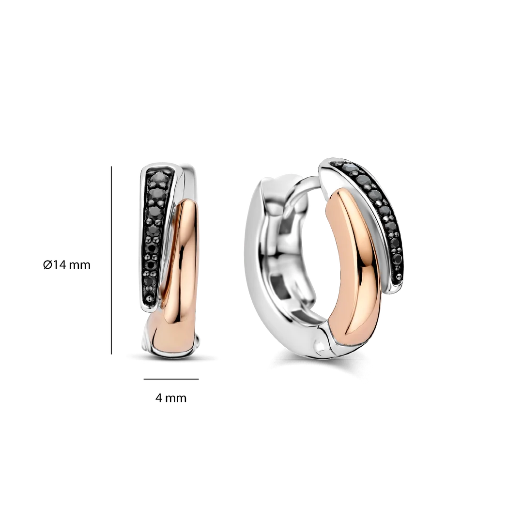 Créoles bicolores en argent, or rose et pierres noires