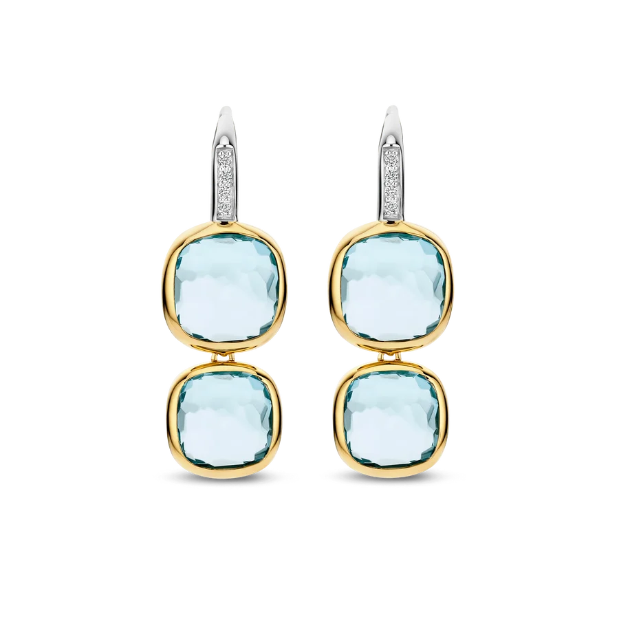 Boucles d’oreilles or, diamants et pierres bleu clair