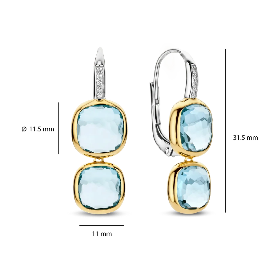Boucles d’oreilles or, argent et pierres bleues
