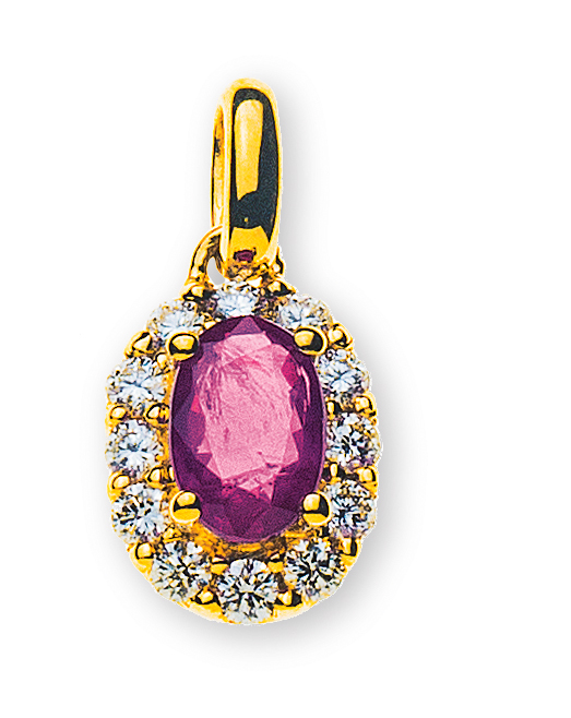 Pendentif doré avec pierre rose ovale et diamants