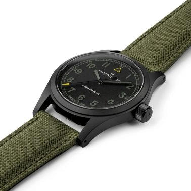 Montre Hamilton noire à bracelet textile vert kaki