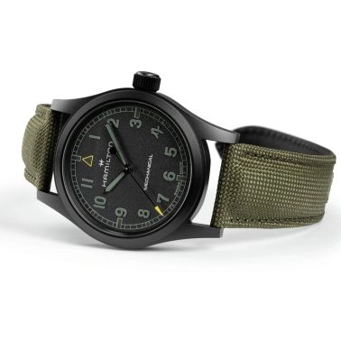 Montre Hamilton noire avec bracelet NATO kaki